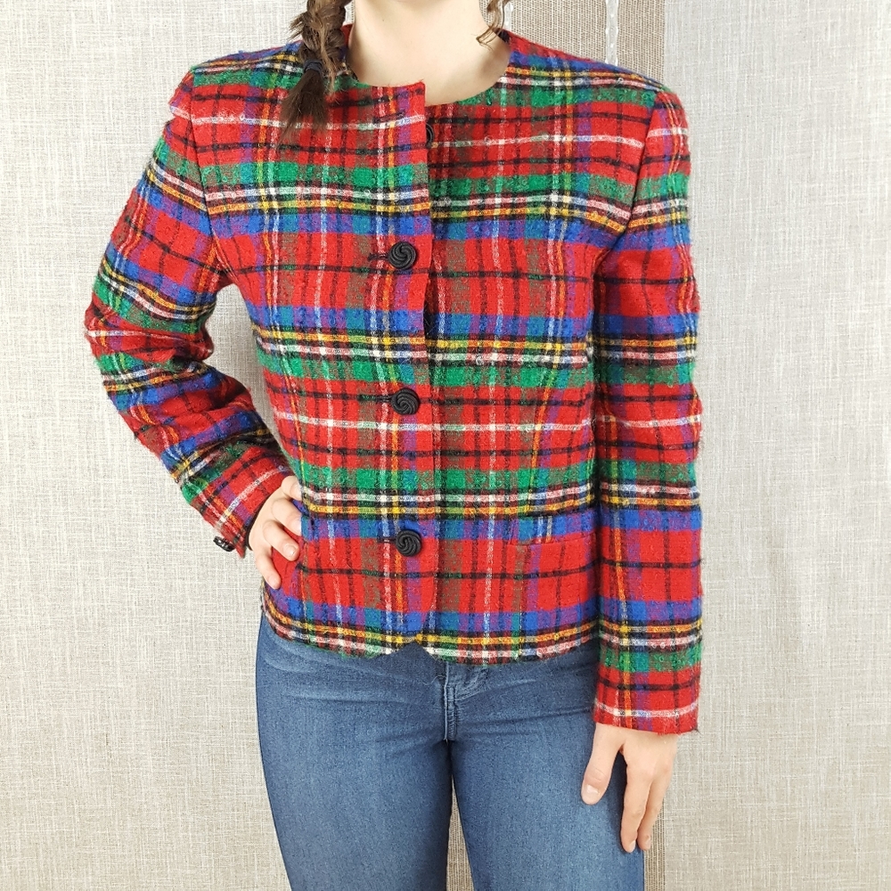 VTG Pendleton Tarten Plaid Blazer Wool Y2K Dark Academia Collarless Multicolor